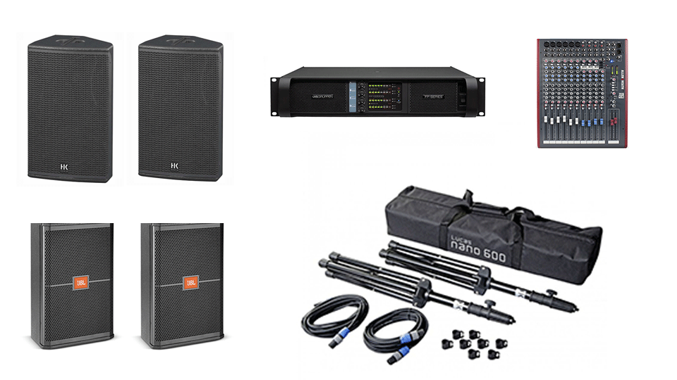 PA Hire Package 2, 2 HK Audio CT115 Speakers on stands, 2 JBL SRX712m monitors, 1 Allen and Heath Zed-14 Mixer, powered by Lab.Gruppen FP Series with microphones, DI Boxes and cabling included.