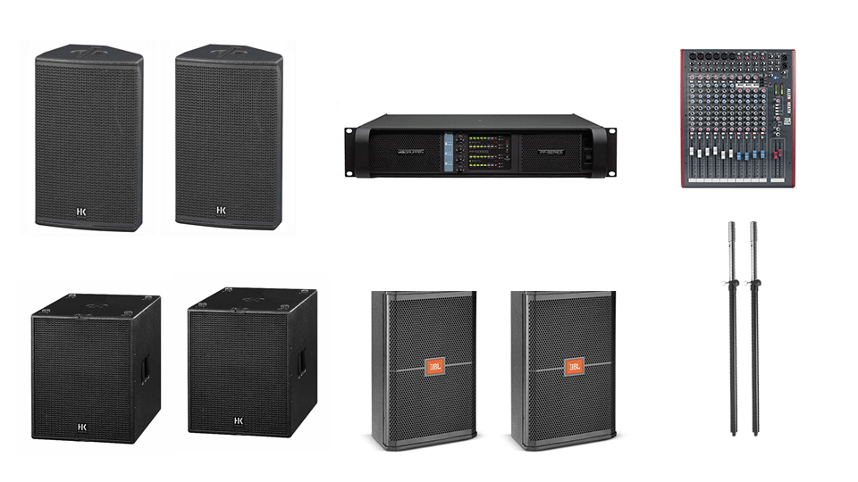 PA Hire Package 3, 2 HK Audio CT115 Speakers, 2 Hk Audio CT118 Sub's, 2 JBL SRX712m monitors, 1 Allen and Heath Zed-14 Mixer, powered by Lab.Gruppen FP Series with microphones, DI Boxes and cabling included.