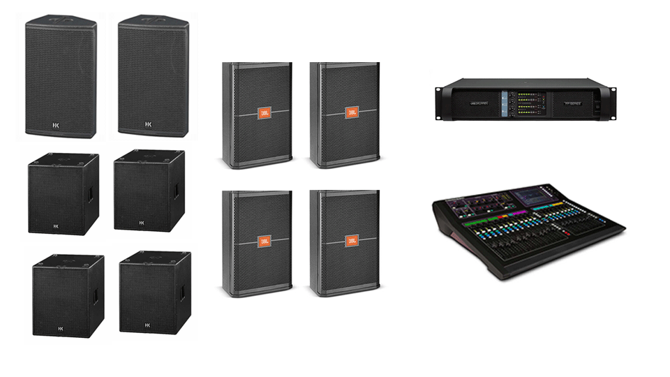PA Hire Package 4, 2 HK Audio CT115 Speakers, 4 HK Audio CT118 Sub's, 4 HK Audio CT112 monitors, 1 Allen and Heath GLD-80 Mixer, powered by Lab.Gruppen FP Series with microphones, DI Boxes and cabling included.