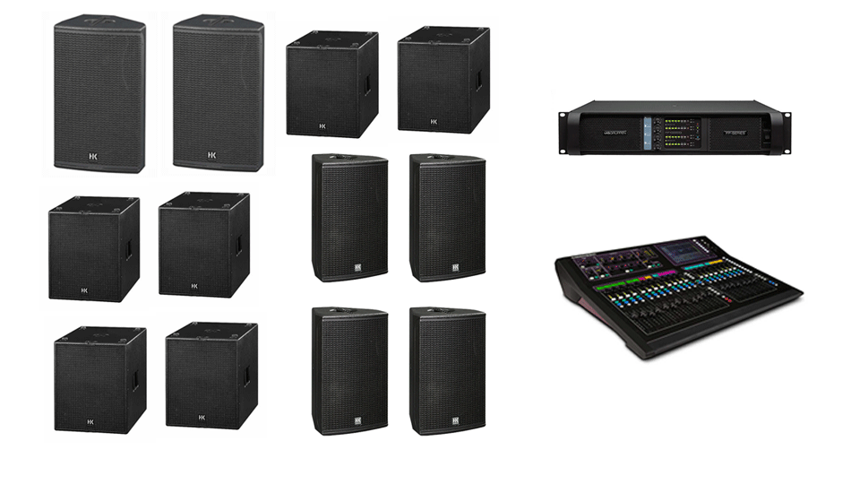 PA Hire Package 5, 2 HK Audio CT115 Speakers, 6 HK Audio CT118 Sub's, 4 HK Audio CT112 monitors, 1 Allen and Heath GLD-80 Mixer, powered by Lab.Gruppen FP Series with microphones, DI Boxes and cabling included.