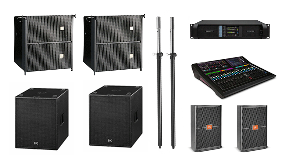 PA Hire Package 6, 2 HK Audio CTA208 Speakers, 2 HK Audio CT118 Sub's, 2 JBL SRX712m Monitors, 1 Allen and Heath GLD-80 Mixer, powered by Lab.Gruppen FP Series with microphones, DI Boxes and cabling included.