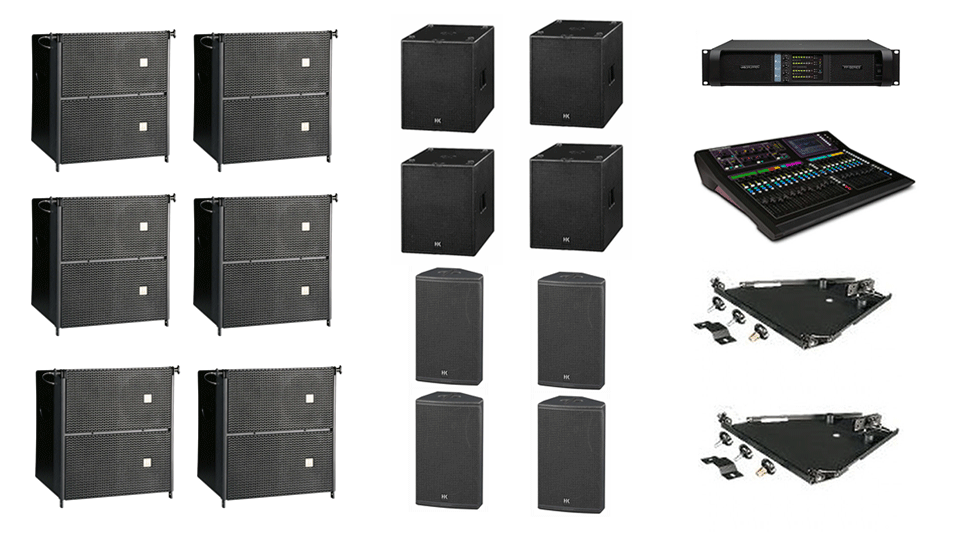 PA Hire Package 8, 6 HK Audio CTA208 Speakers, 4 HK Audio CT118 Sub's, 4 HK audio CT115 Monitors, 1 Allen and Heath GLD-80 Mixer, powered by Lab.Gruppen FP Series with microphones, DI Boxes and cabling included.