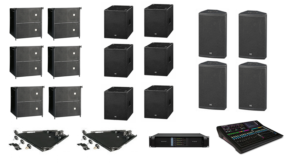 PA Hire Package 9, 6 HK Audio CTA208 Speakers, 6 HK Audio CT118 Sub's, 4 HK audio CT115 Monitors, 1 Allen and Heath GLD-80 Mixer, powered by Lab.Gruppen FP Series with microphones, DI Boxes and cabling included.